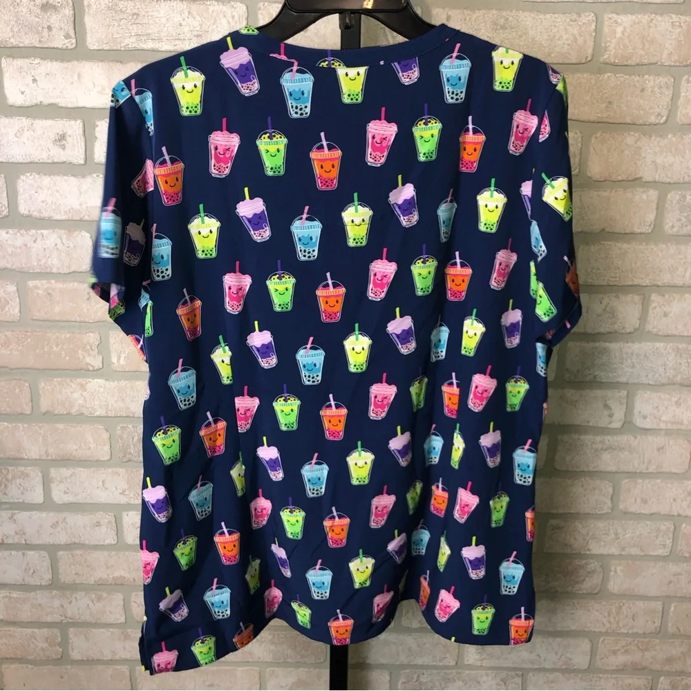 NWT Maevn Blue Boba drink Pattern short sleeve V neck scrub top - Picture 5 of 7
